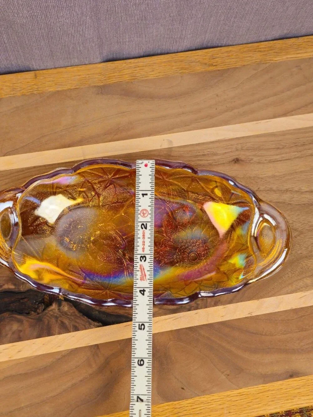 Vintage Amber Carnival Glass Oval Dish With Floral Pattern & Handles 10.5